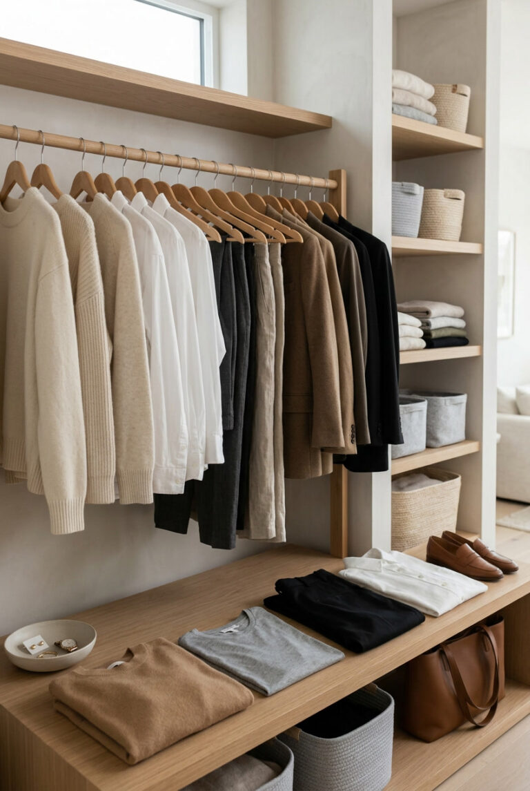 Coordinated capsule wardrobe pieces arranged to show a simple mix-and-match outfit system.