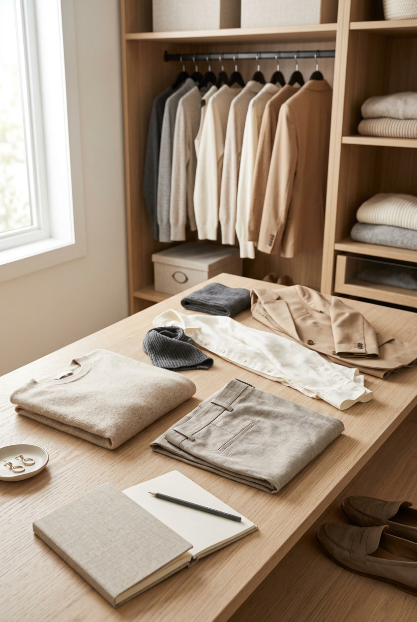 A calm neutral outfit planning scene for The Outfit Method