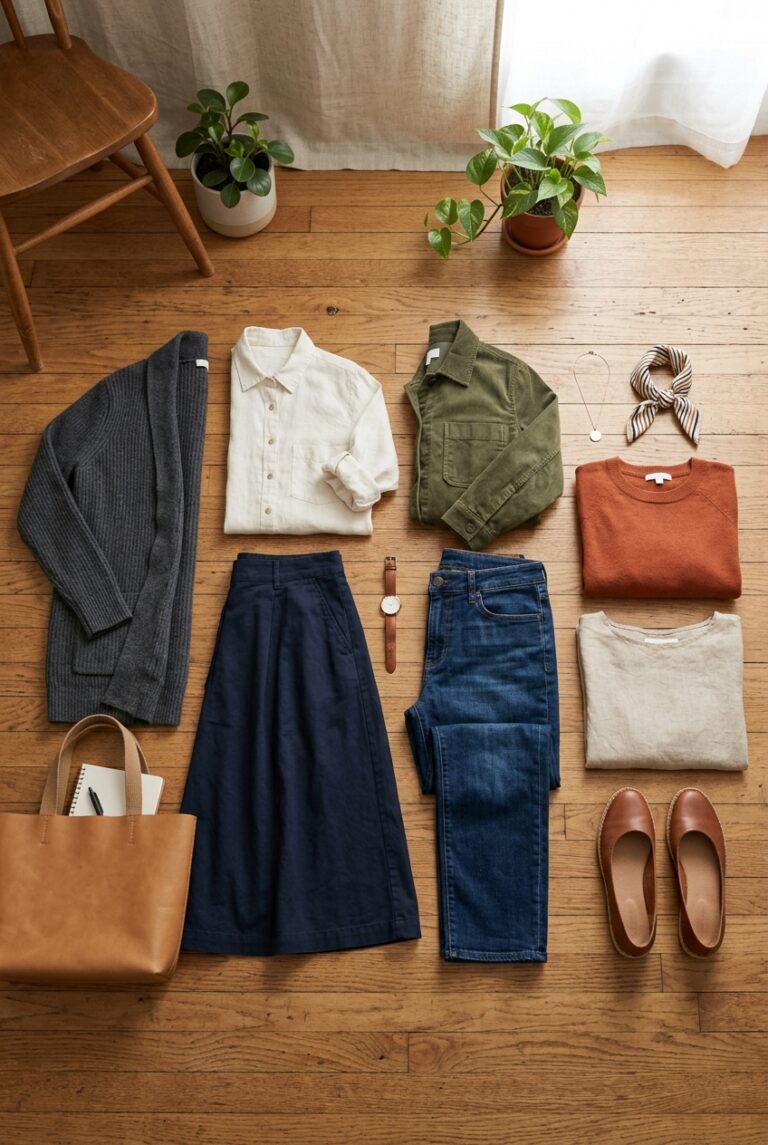 Practical teacher capsule wardrobe pieces with comfortable flats, tote bag, notebook, and polished everyday layers.