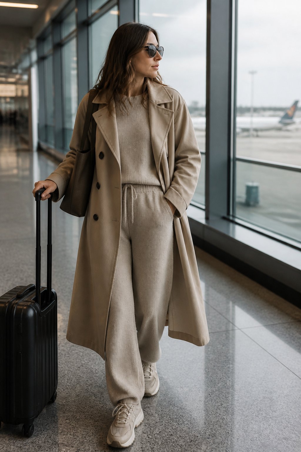 Woman in beige trench coat with matching cream sweater and wide-leg sweatpants, pulling a black carry-on suitcase through an airport terminal