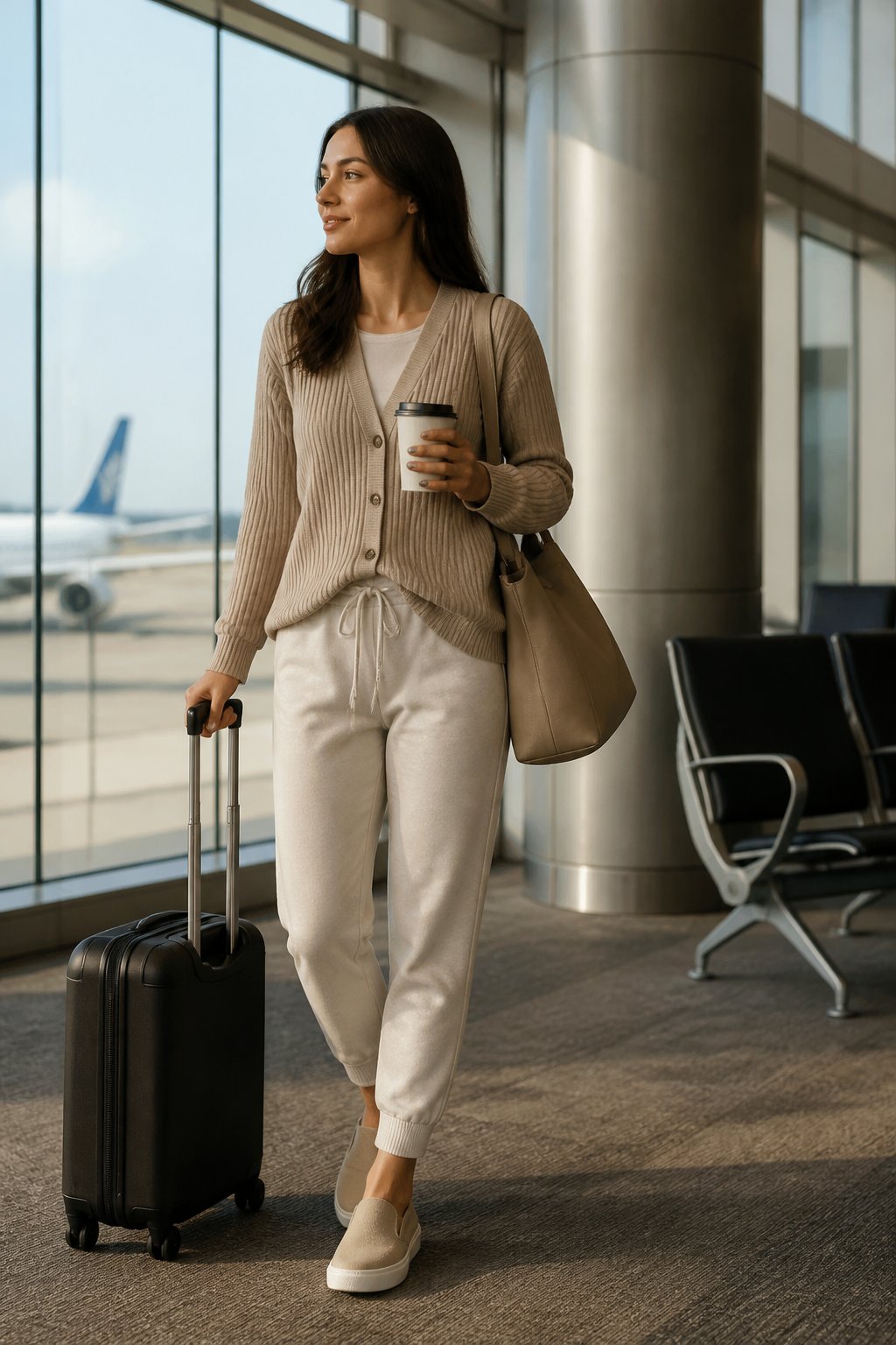 Woman walking through airport in beige ribbed cardigan, white t-shirt, white joggers, and beige slip-on shoes, carrying coffee and a tote