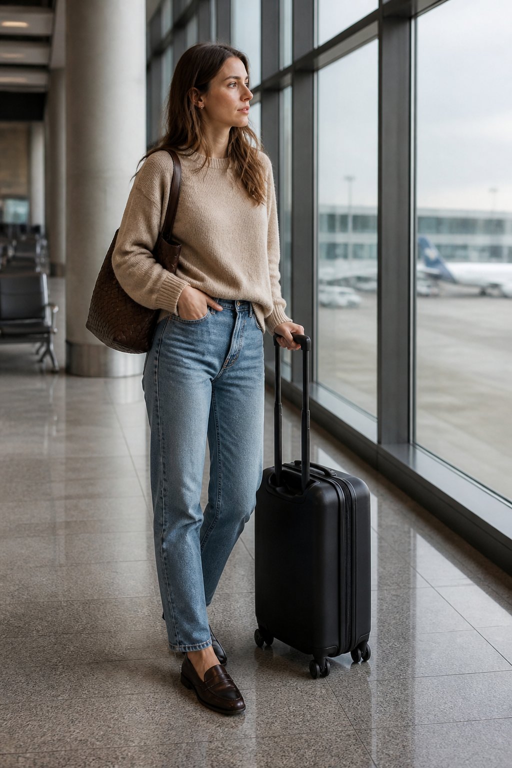 Woman in comfortable slip-on travel shoes at airport security, dressed in relaxed layers with a crossbody bag