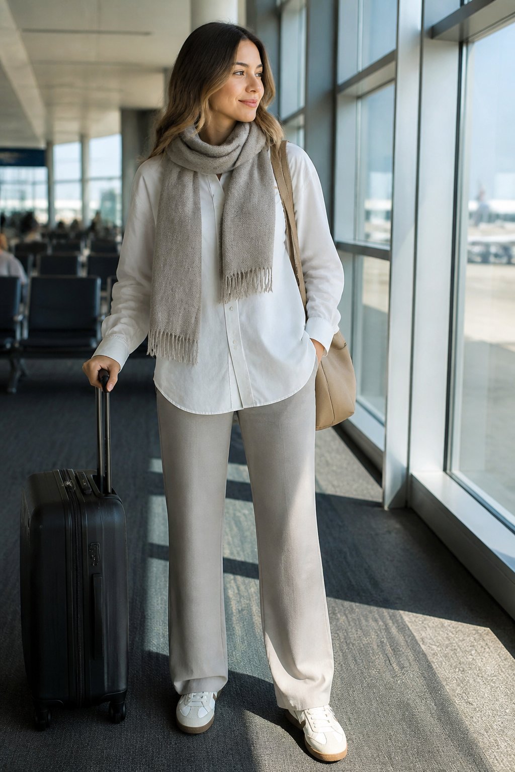 Woman in layered travel outfit at airport terminal, ready to add or remove layers for changing cabin and destination temperatures