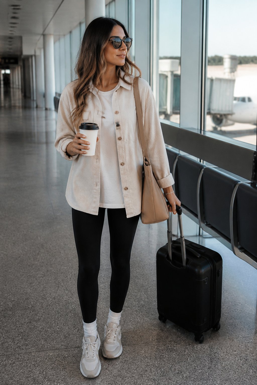 Woman seated at airport gate in structured travel pieces that hold their shape through the boarding process