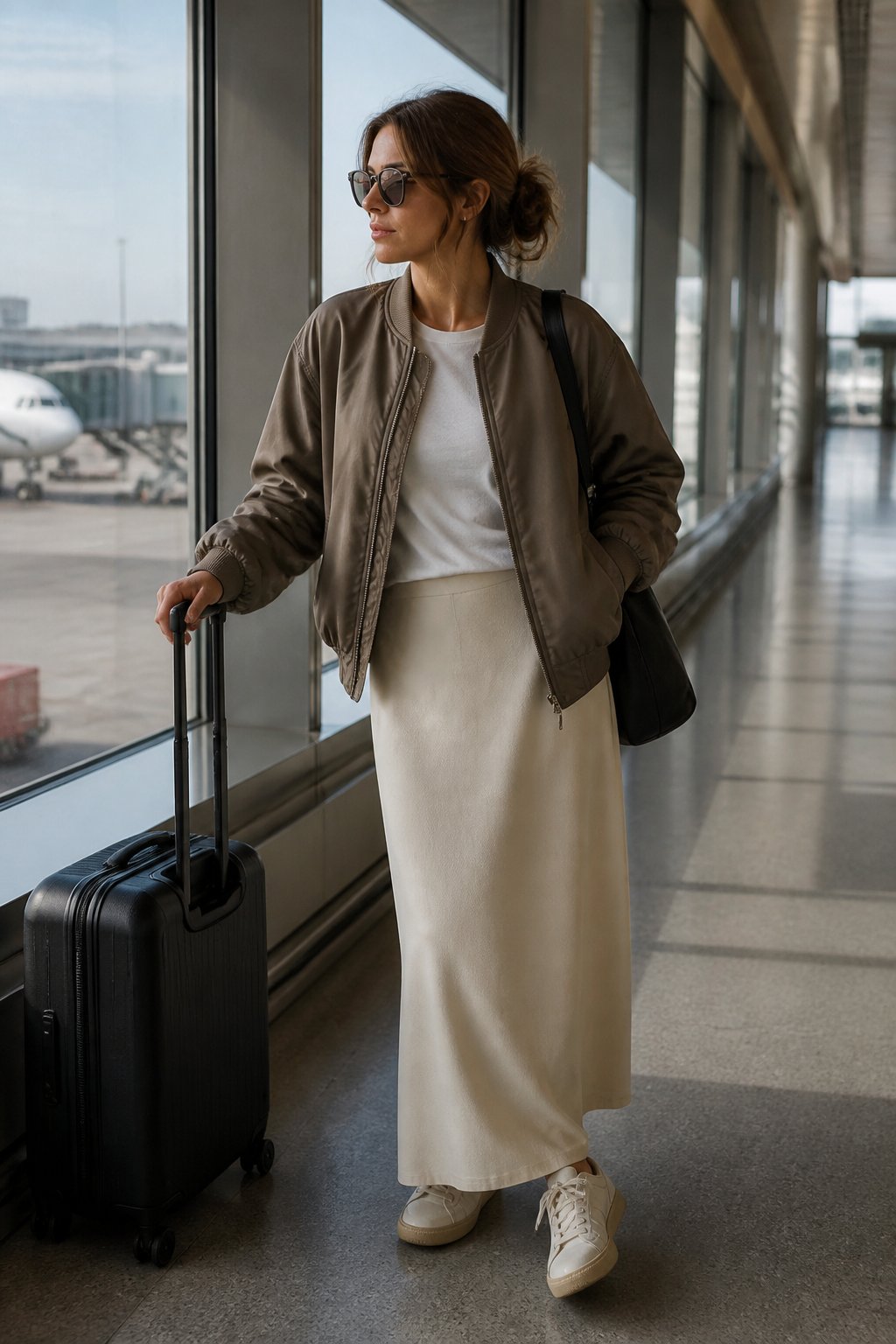Woman in brown bomber jacket, white t-shirt, cream maxi skirt, and white sneakers pulling a black suitcase near an airport window