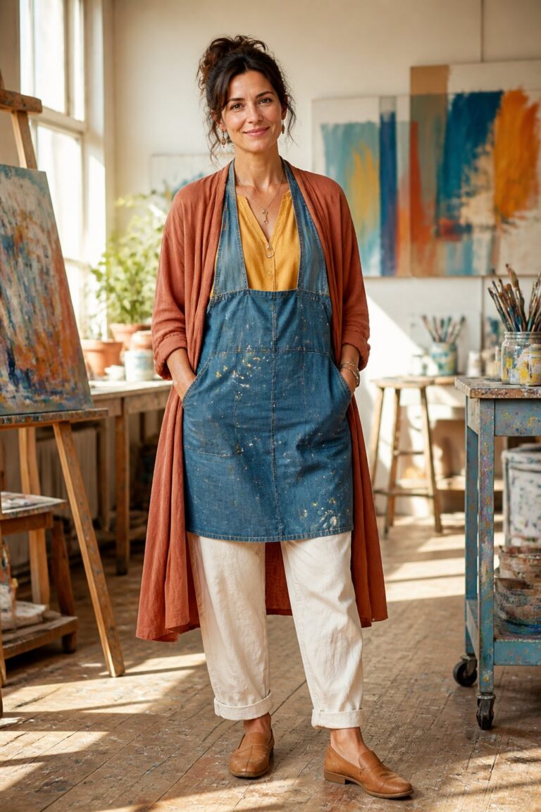 Art teacher outfit in a sunlit art classroom with paint-splattered easels and canvases