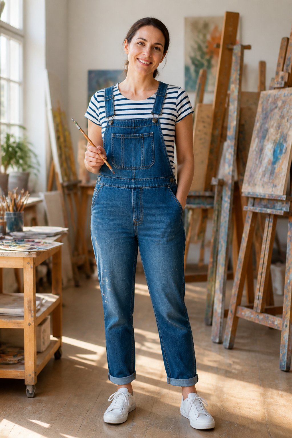 Denim overalls with a striped tee and white sneakers for an art teacher