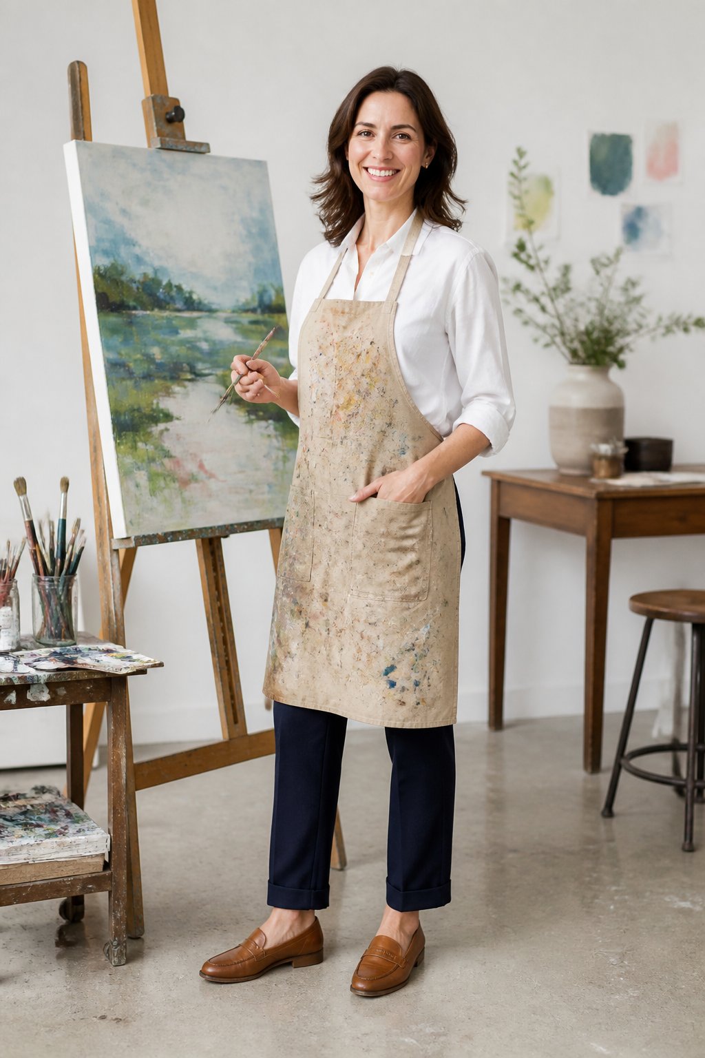 Paint-splatter apron over a button-up shirt and tailored navy trousers for an art teacher
