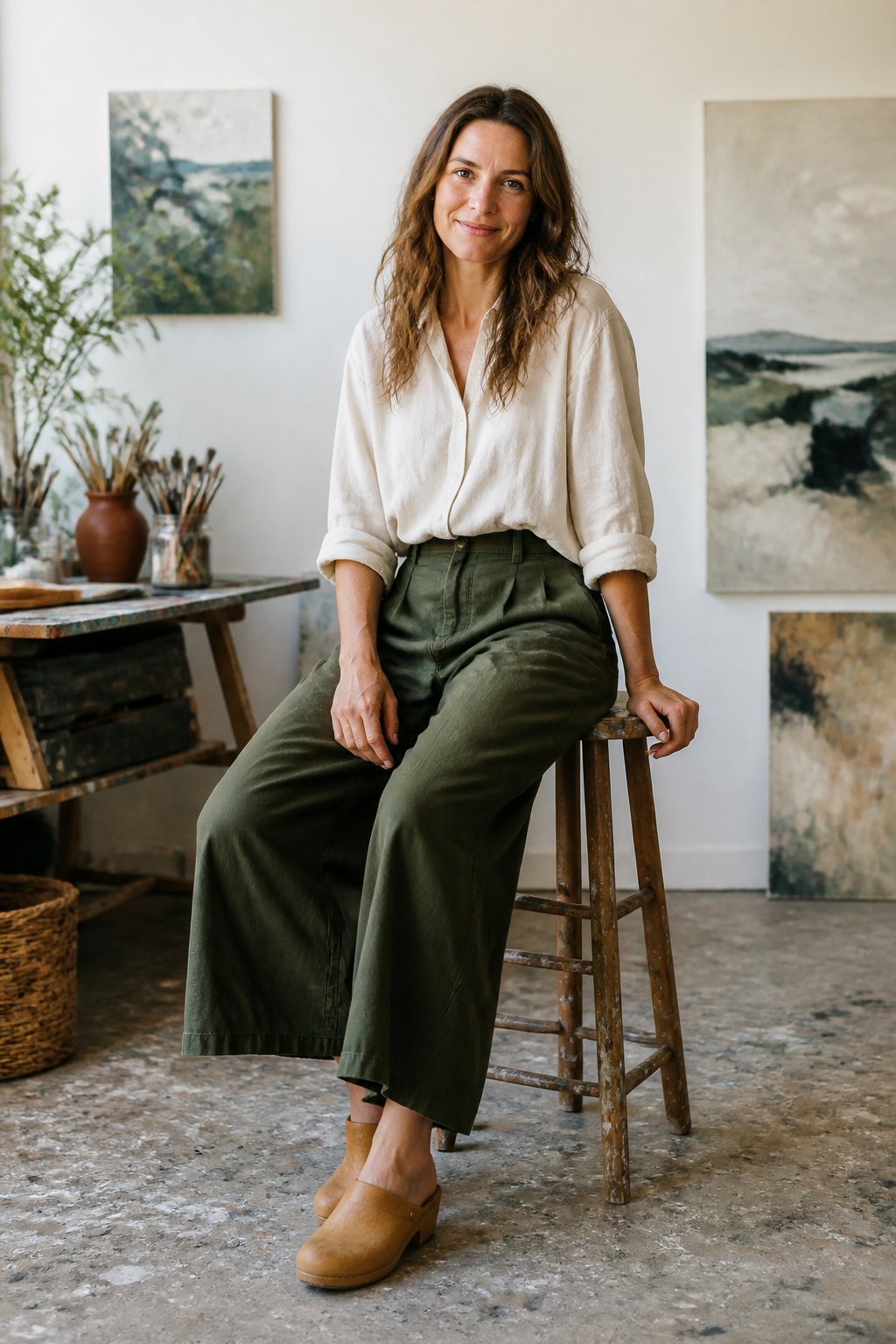 Linen shirt with wide-leg pants and wooden clogs for an art teacher