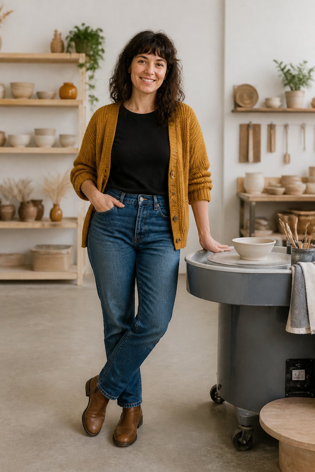 Colorful mustard cardigan over a black tee and high-waisted jeans for an art teacher