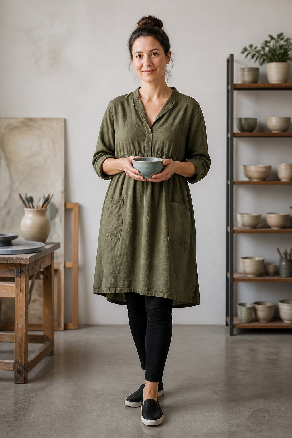 Loose olive smock dress with leggings and slip-on canvas shoes for an art teacher