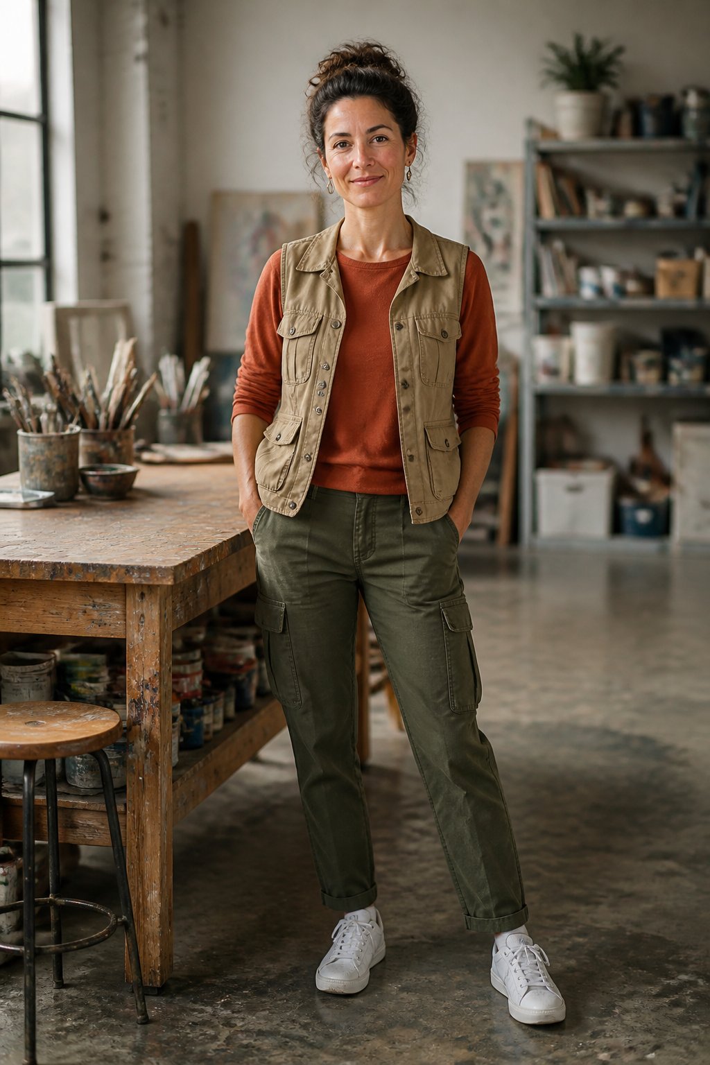Khaki utility vest over a long-sleeve tee and cargo pants for an art teacher