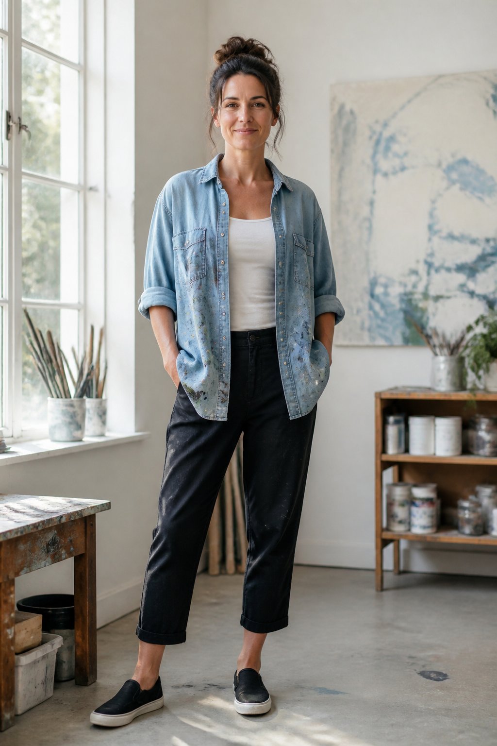 Oversized chambray paint shirt with cropped pants and slip-on sneakers for an art teacher