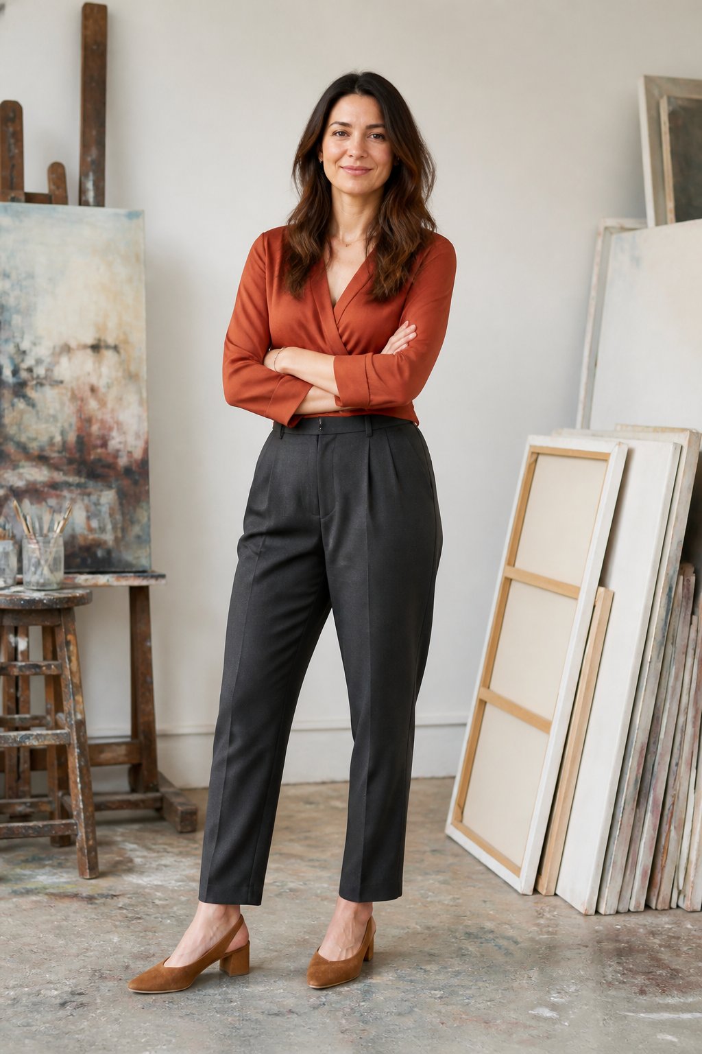 Rust wrap top with high-waisted charcoal trousers and low block-heel mules for an art teacher