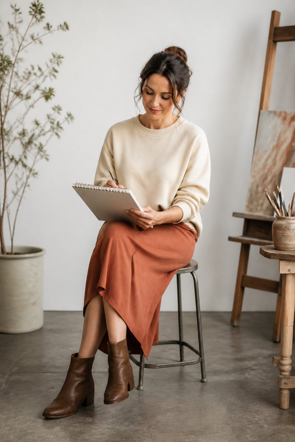 Soft cream sweatshirt half-tucked into a terracotta midi skirt and brown ankle boots for an art teacher