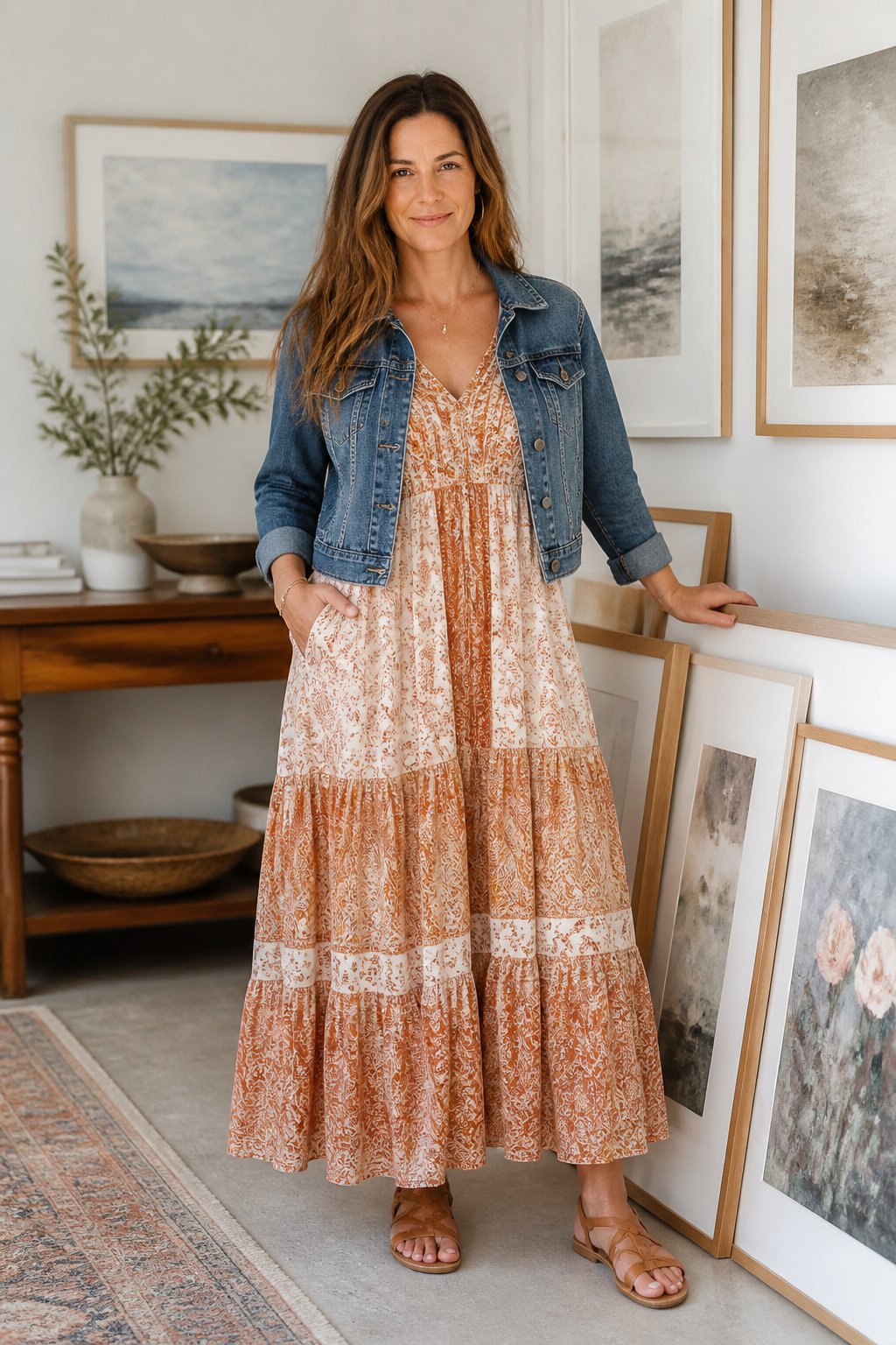 Boho terracotta-and-cream maxi dress with cropped denim jacket and flat tan sandals for an art teacher