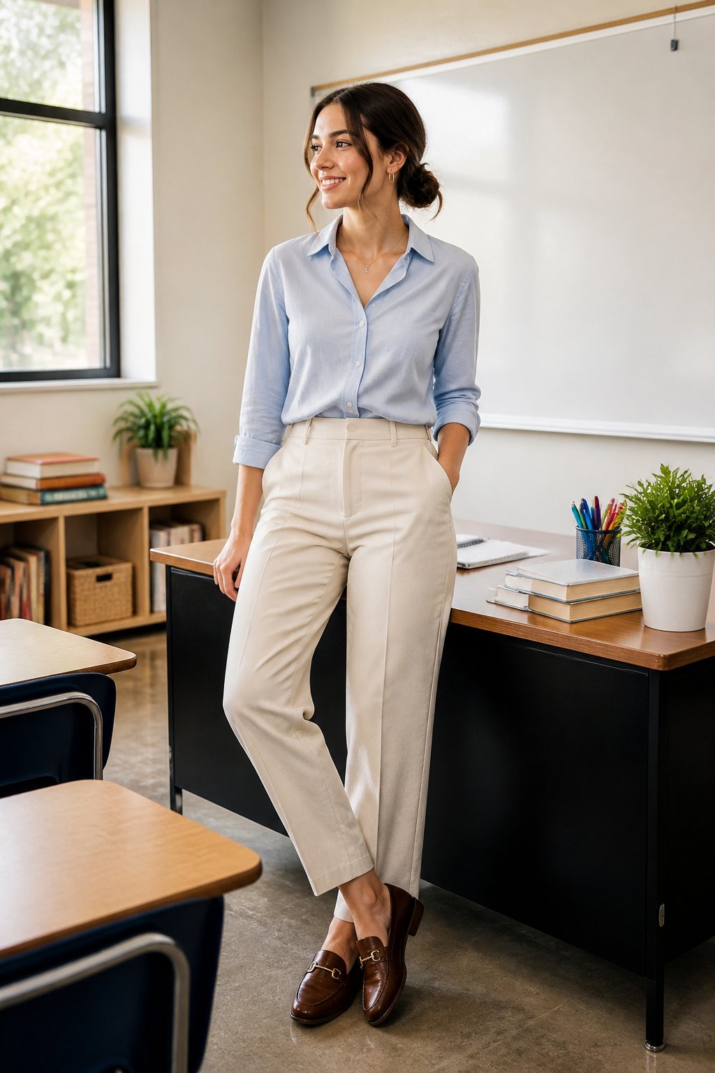 Teacher in a structured classroom dress and cardigan outfit with a calm, polished silhouette