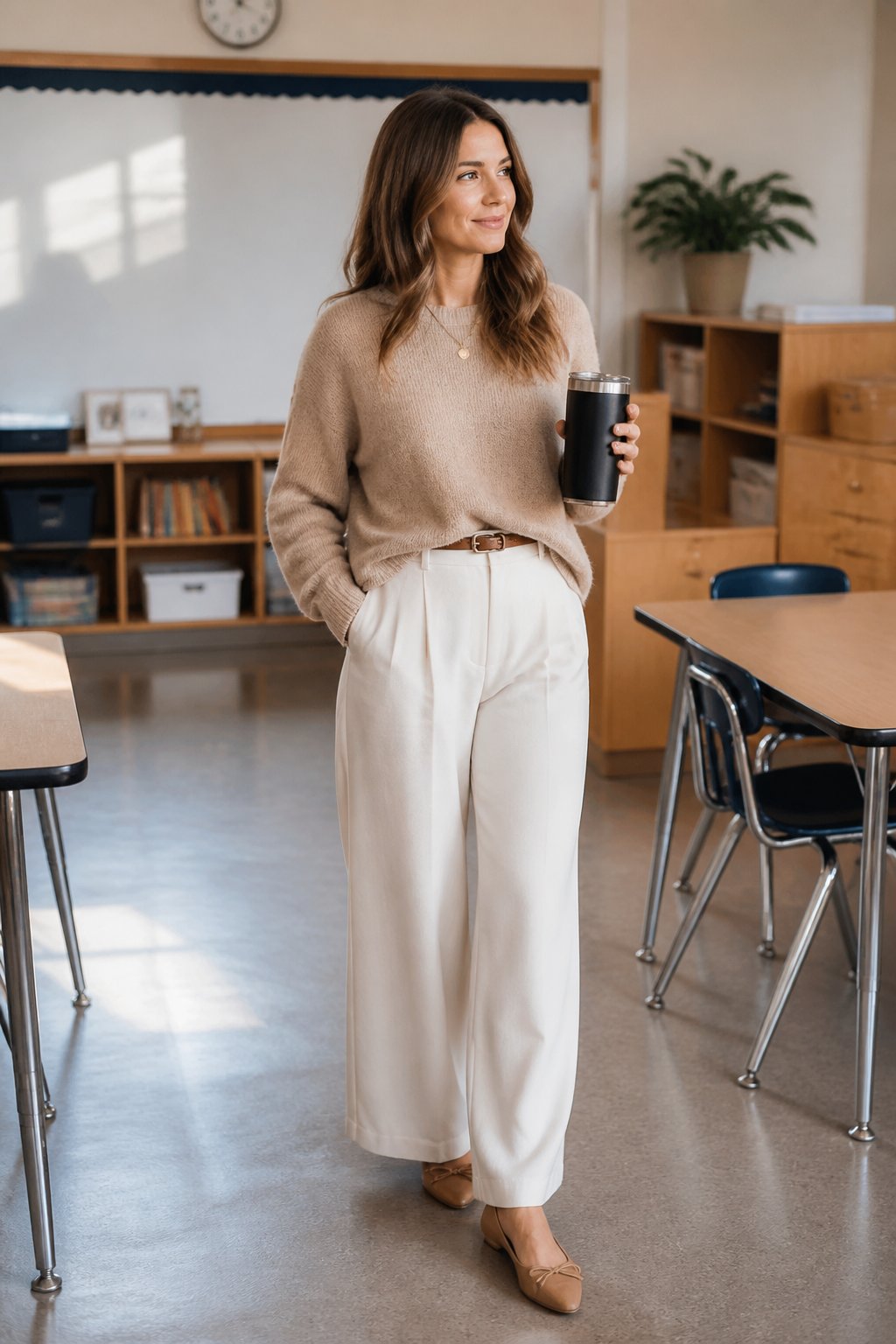 Teacher in a classroom skirt outfit with a soft, easy silhouette