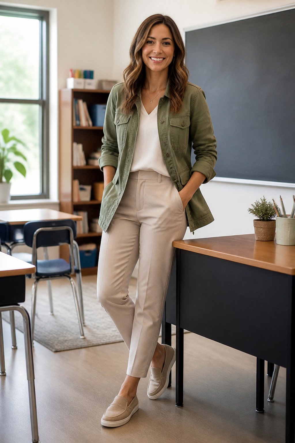 Teacher in an olive utility jacket, white top, beige trousers, and loafers leaning at a classroom desk