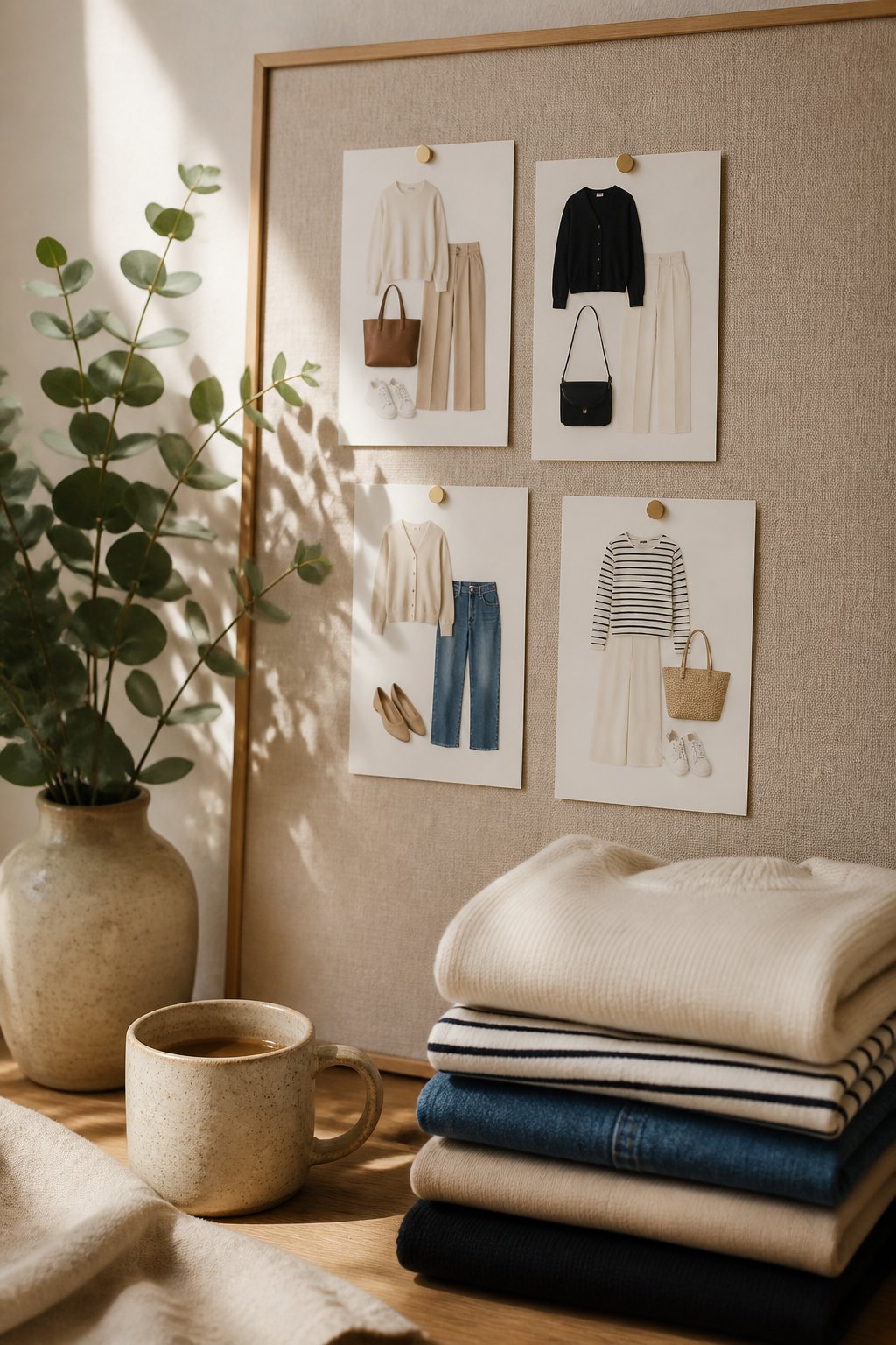 A calm neutral mood board of outfit guide cards arranged like a Pinterest board of capsule wardrobe looks