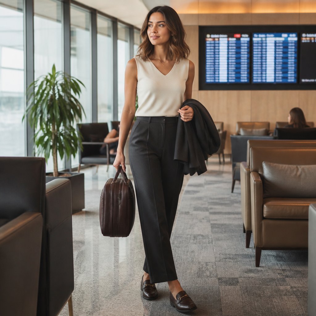 Business casual travel outfit: tailored camel trousers, soft cream knit shell, blazer folded in the carry-on, brown leather loafers