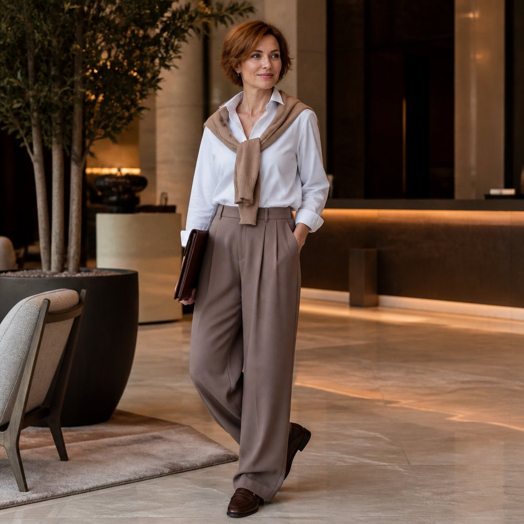 Business casual travel outfit: charcoal stretch knit dress with a long camel cardigan, soft leather belt, and low block-heel pumps