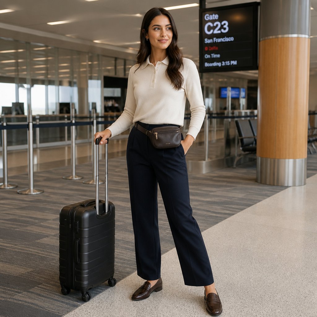 Business casual travel outfit: high-waisted navy wide-leg pants, soft white button-up, grey sweater draped over the shoulders, black loafers