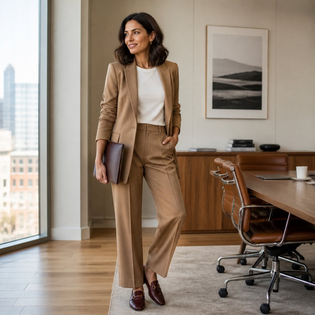 Business casual travel outfit: soft camel trouser suit with a white tee in transit and a soft cream shell for the meeting, brown mules