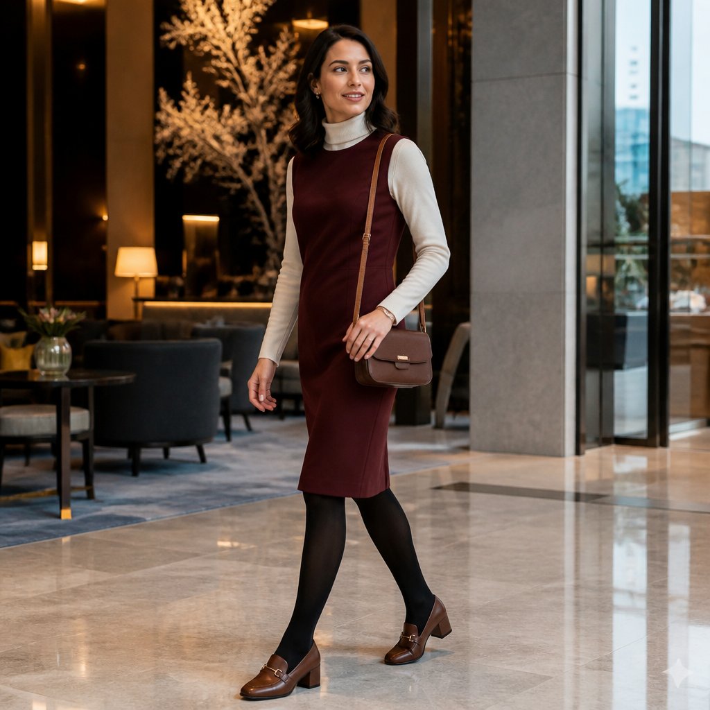 Business casual travel outfit: cream polo sweater, navy straight trousers, slim leather belt bag at the waist, and brown slip-on loafers