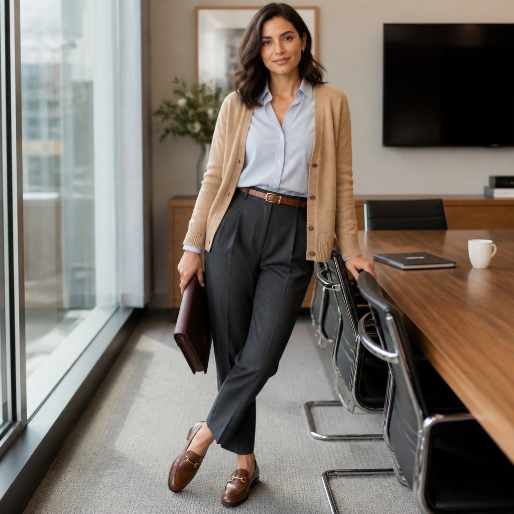 Business casual travel outfit: camel long vest over a soft white button-up shirt, charcoal trousers, and black packable ballet flats
