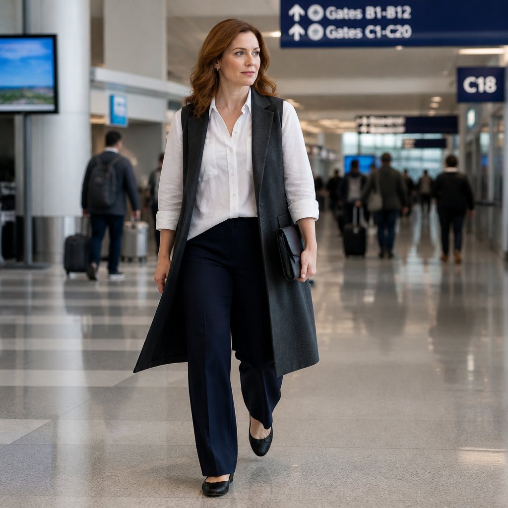 Business casual travel outfit: charcoal sleeveless sheath dress over a soft burgundy turtleneck with opaque tights and brown loafers