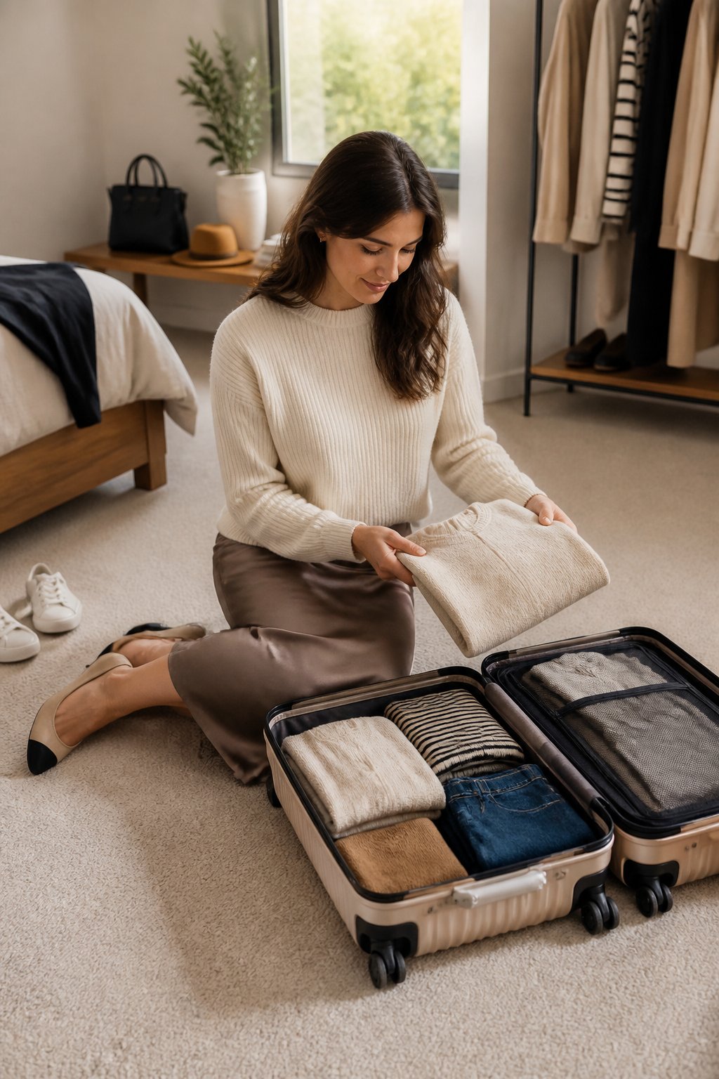 Woman in a cream crewneck and taupe satin midi skirt, packing a folded beige sweater into a champagne-colored suitcase with a clothing rack of capsule items visible behind her