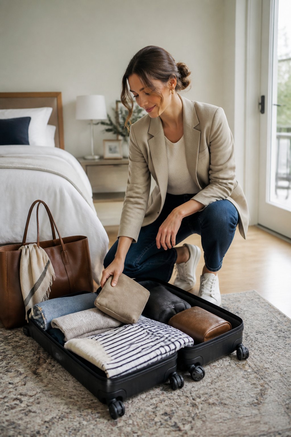 Woman closing a packing session with capsule items arranged beside a suitcase on the floor, ready for departure