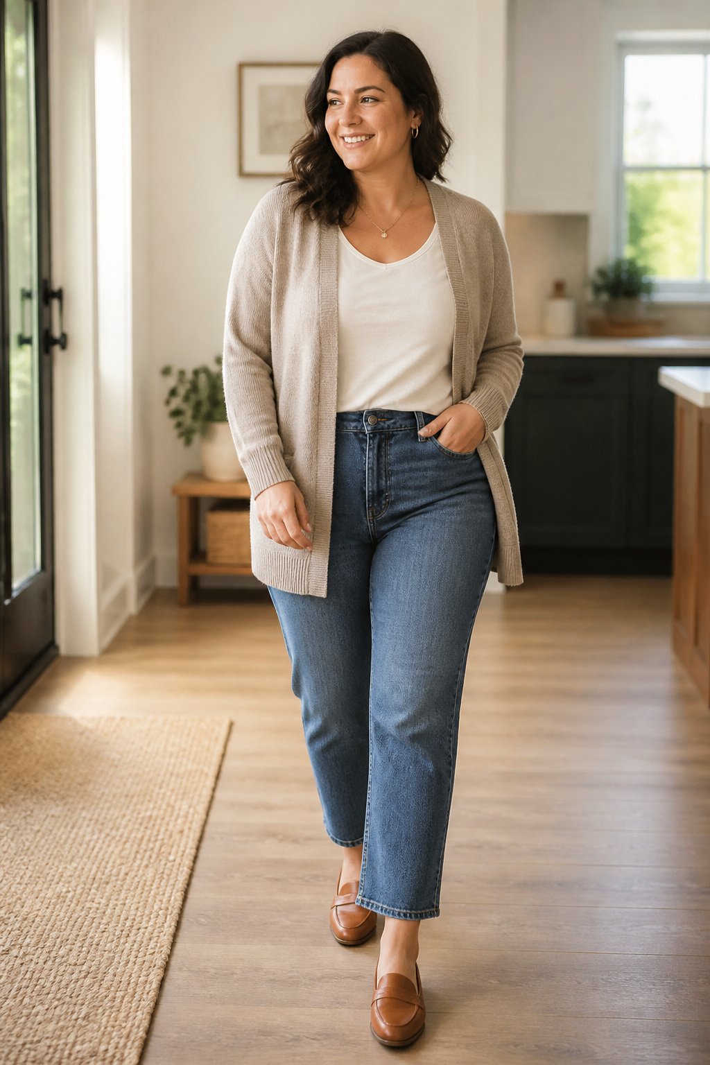 Midsize woman wearing straight jeans, a soft tee, and a cardigan for a casual outfit