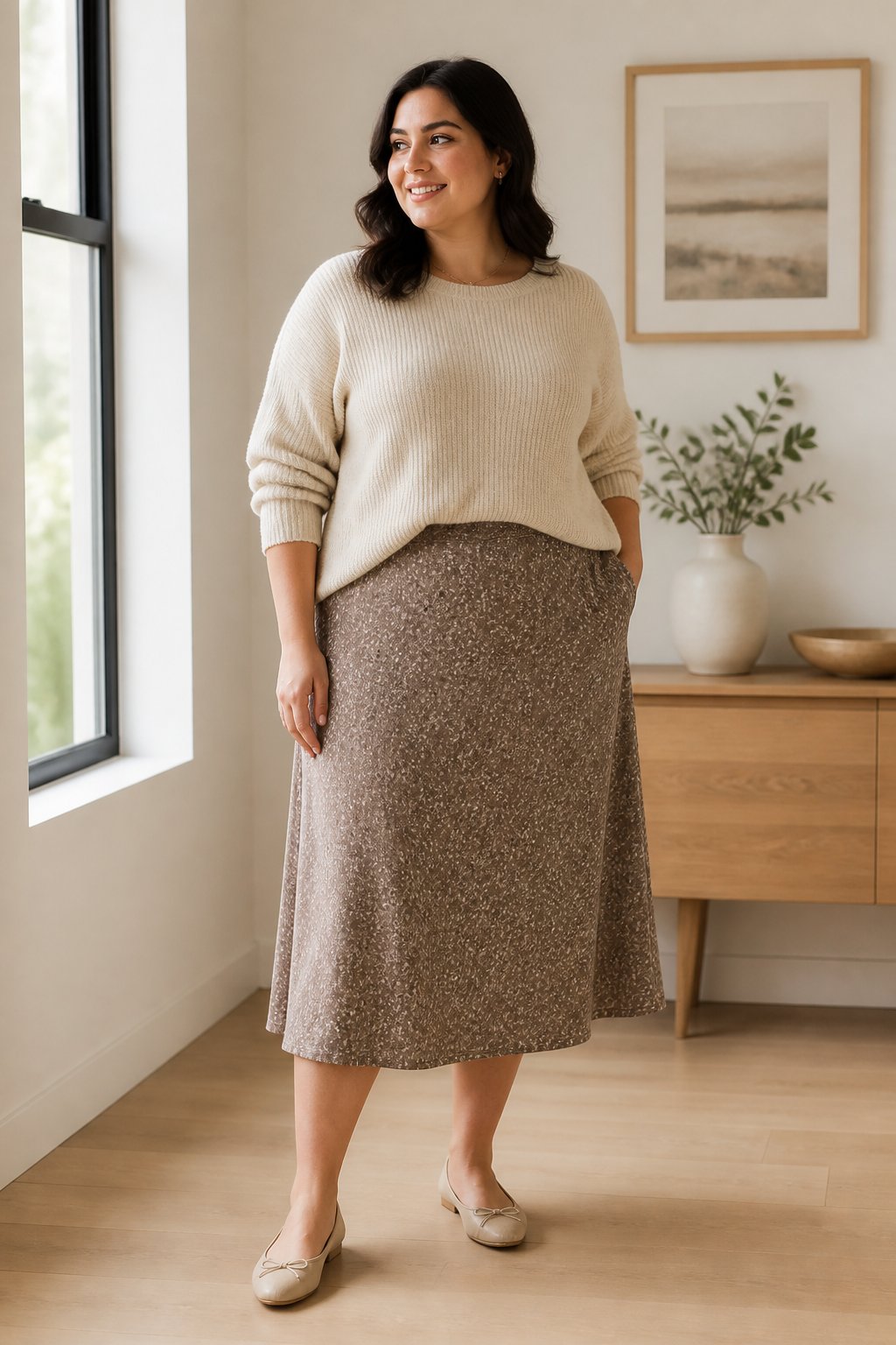 Midsize woman wearing a midi skirt, a relaxed sweater, and flats for a casual outfit