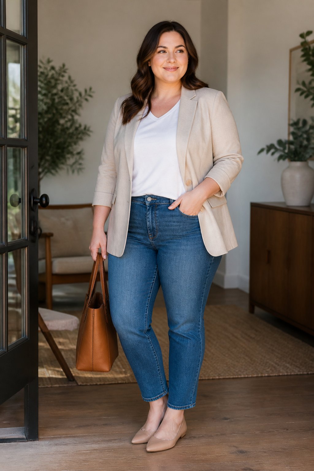 Midsize woman wearing a relaxed blazer, tee, and jeans for a casual outfit