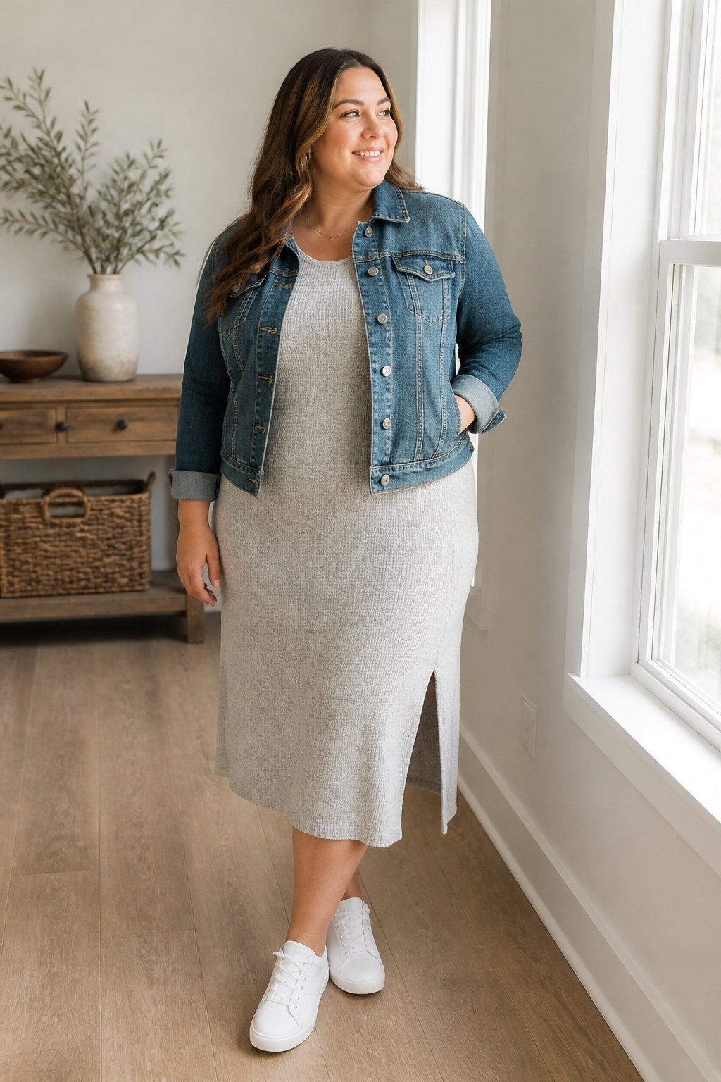 Midsize woman wearing a knit dress, sneakers, and a denim jacket for a casual outfit