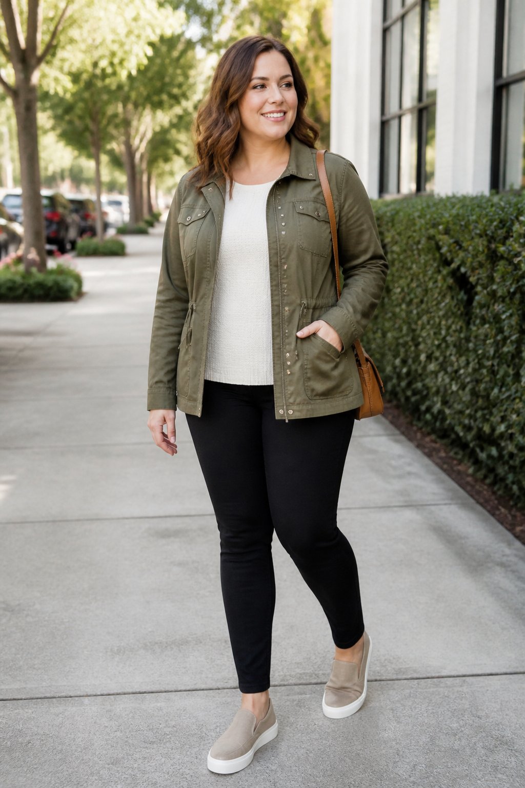 Midsize woman wearing a utility jacket, ponte pants, and slip-on sneakers for a casual outfit