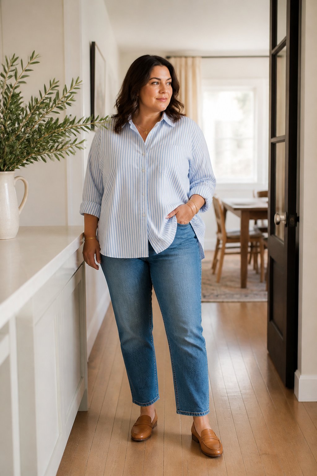 Midsize woman wearing an oversized button-up, straight jeans, and loafers for a casual outfit