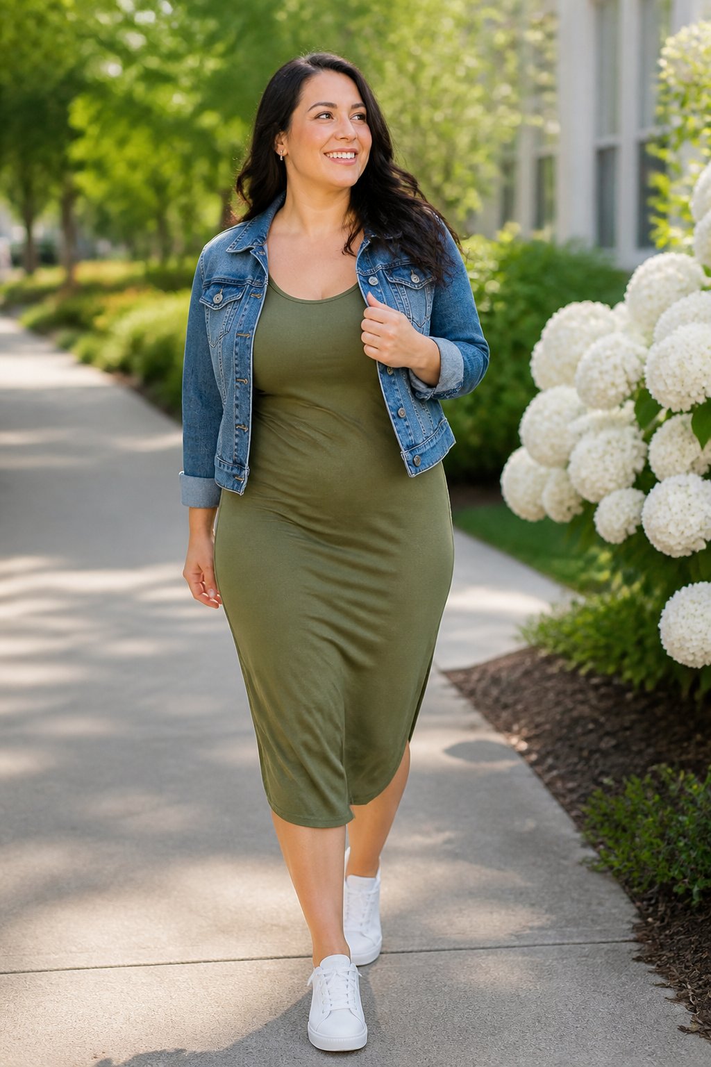 Midsize woman wearing a tank dress, denim jacket, and sneakers for a casual outfit