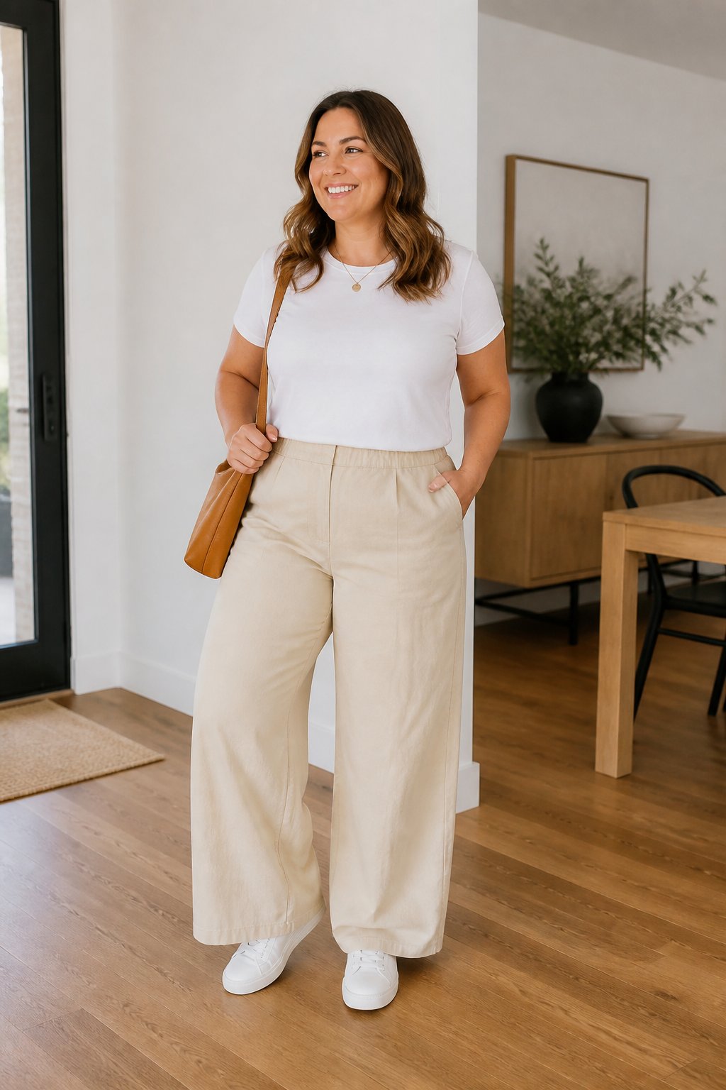 Midsize woman wearing wide-leg trousers, a tee, and sneakers for a casual outfit