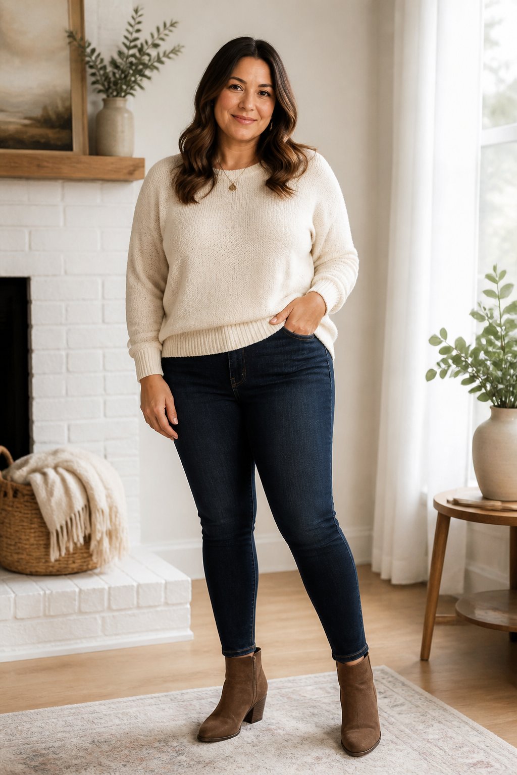 Midsize woman wearing a crewneck sweater, dark denim, and ankle boots for a casual outfit