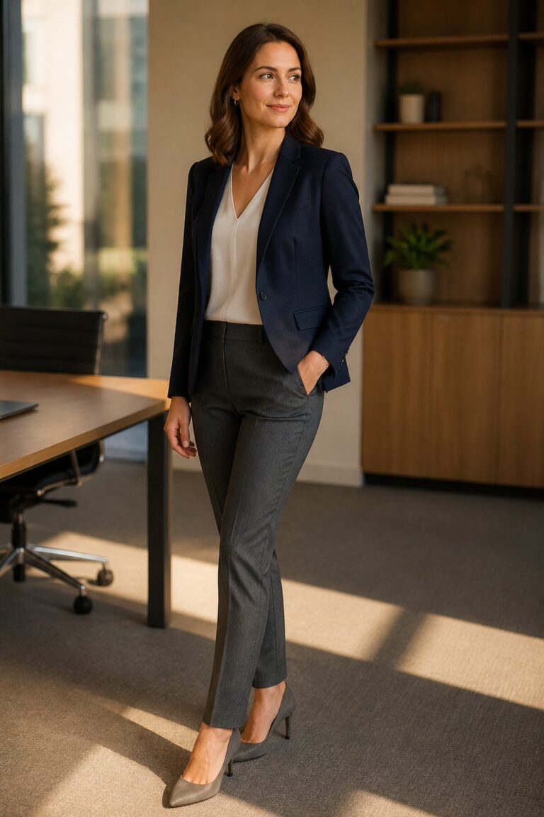 Woman wearing navy blazer with grey trousers and pointed pumps for a corporate capsule wardrobe