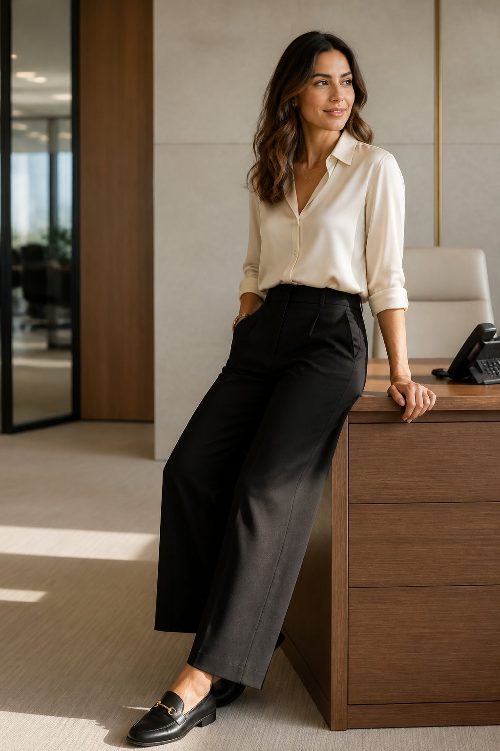 Woman wearing cream blouse with black wide-leg pants and loafers