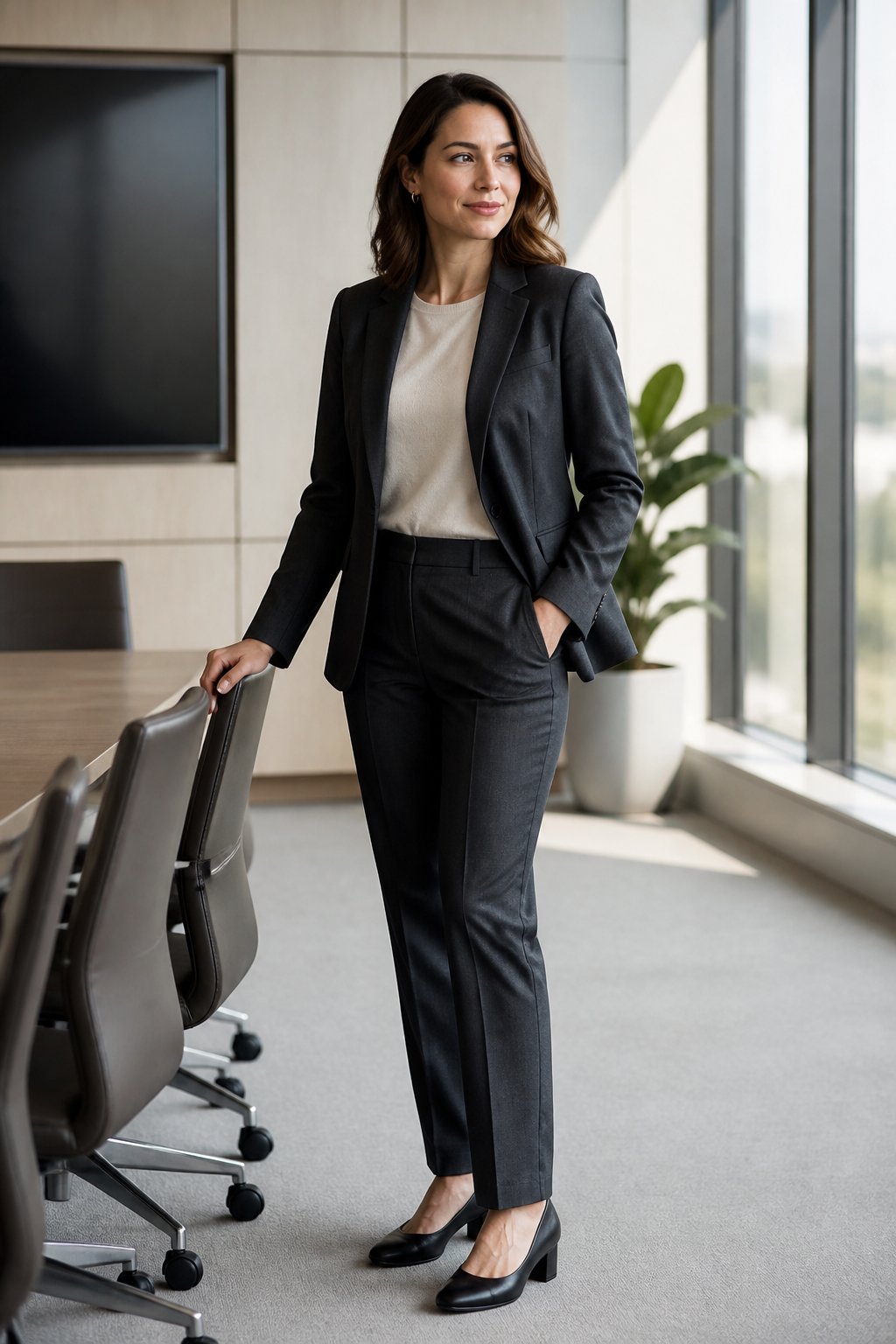 Woman wearing charcoal suit with soft knit shell and low heels