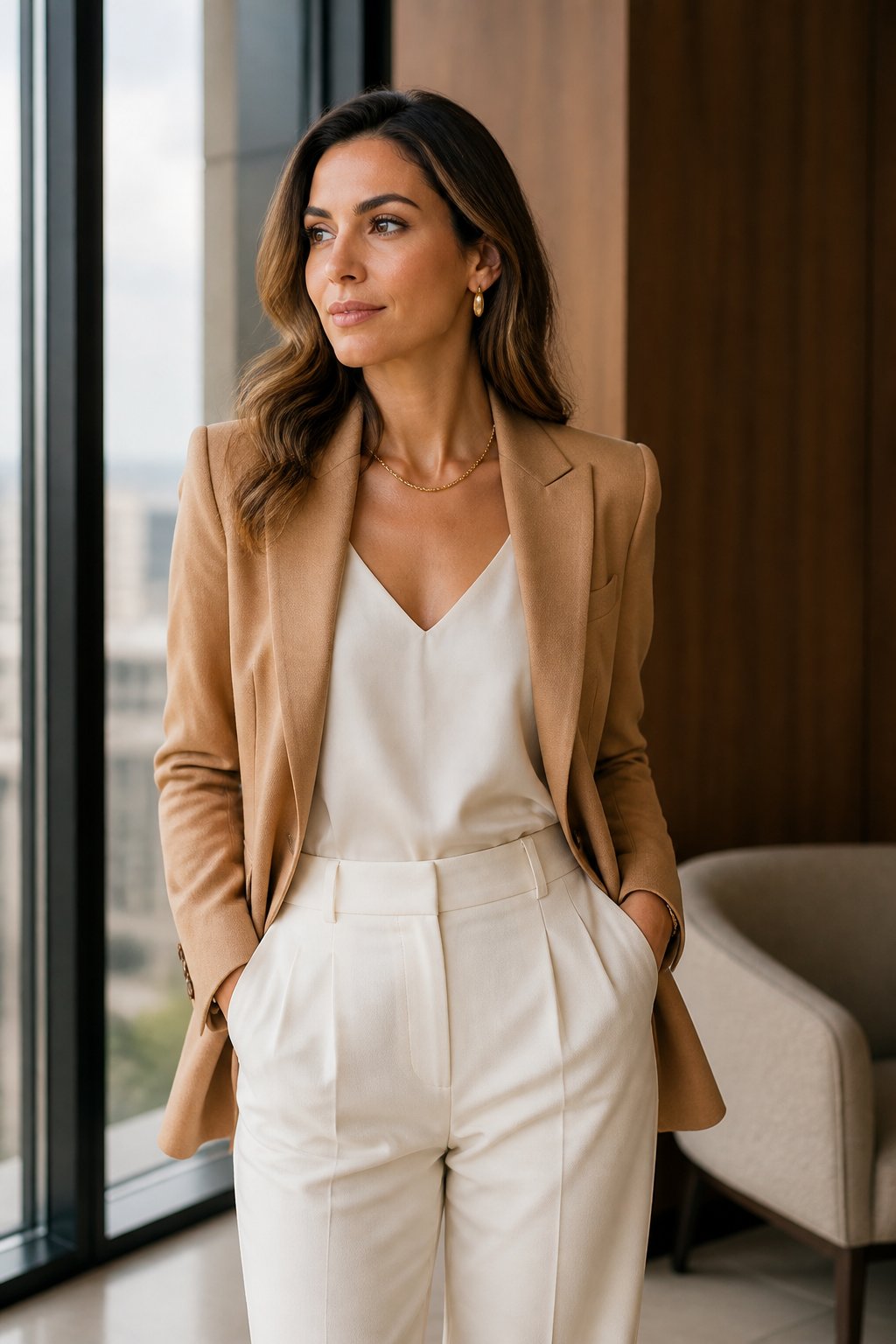 Woman wearing camel blazer with ivory trousers and gold jewelry