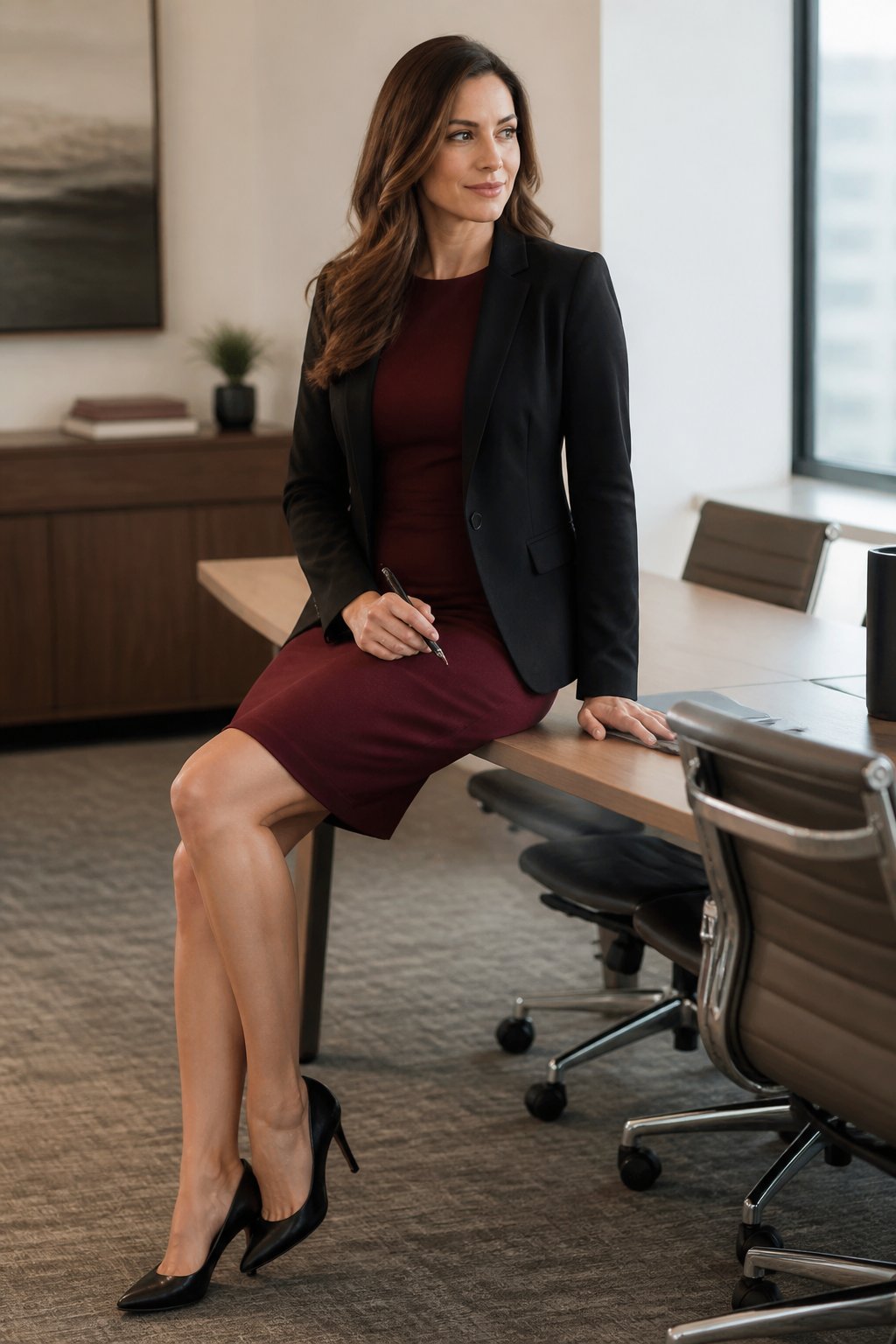 Woman wearing burgundy sheath dress with black blazer and pumps