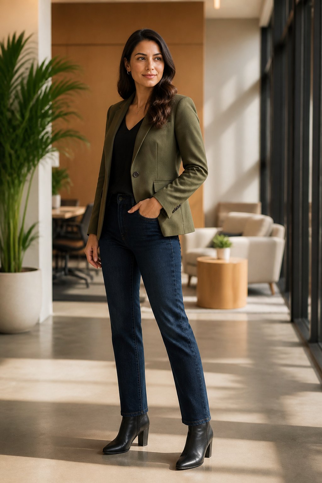 Woman wearing olive blazer with dark denim and ankle boots