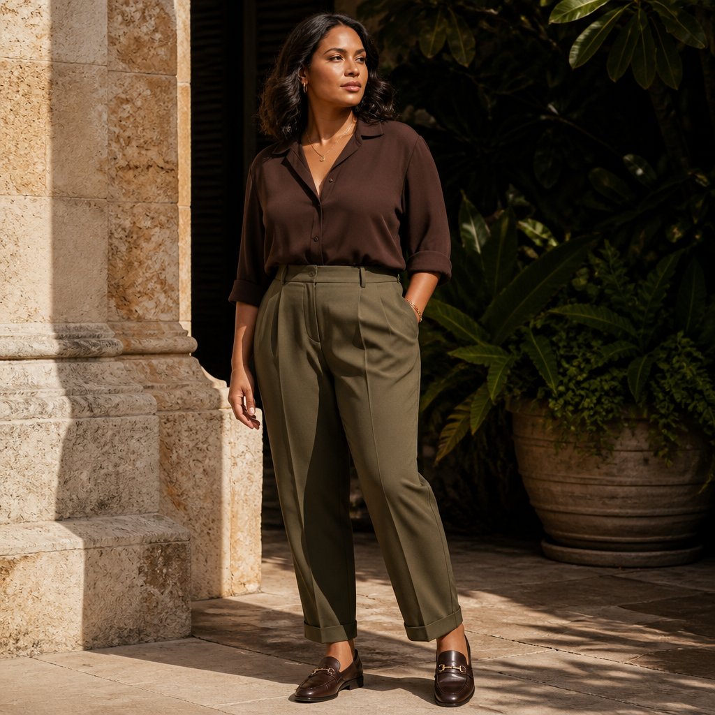 Dark autumn outfit with an espresso blouse, olive trousers, dark brown loafers, and gold jewelry on an adult woman in warm natural light