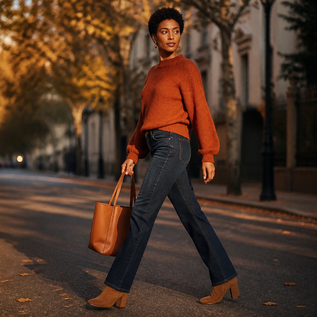 Dark autumn outfit with a rust sweater, deep denim jeans, tan boots, and a structured tote on an adult woman walking outdoors